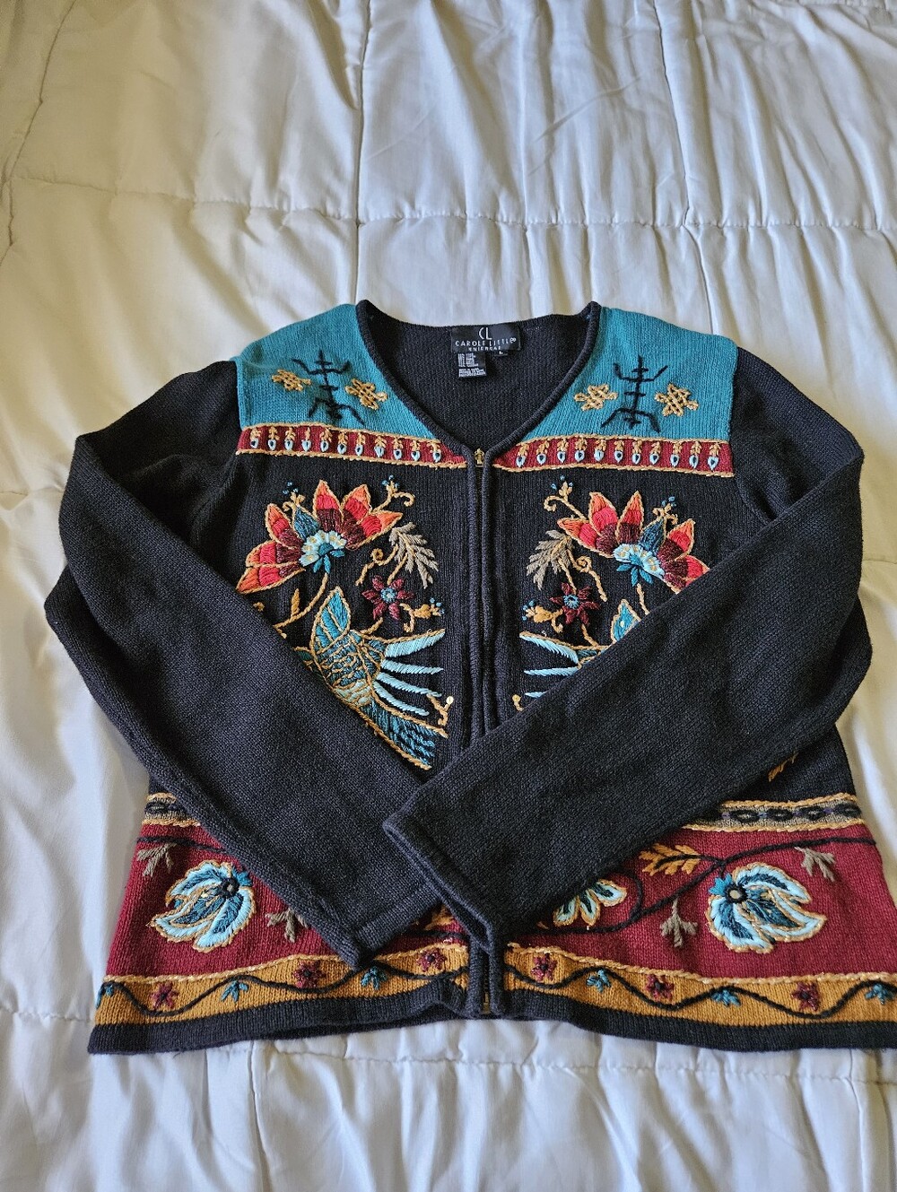 Vintage Carole Little Embroidered Knitwear Zip Cardigan - Size L - Picture 2 of 12